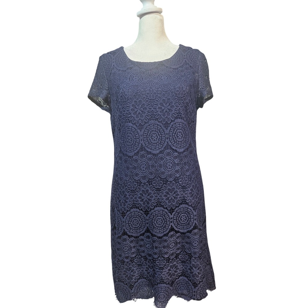Laundry by Shelli Segal Navy Blue Floral Lace Sheath Dress Short Sleeve Size 4